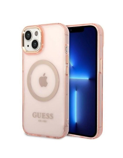 Guess GUHMP14MHTCMP iPhone 14 Plus 6.7" pink/pink hard case Gold Outline Translucent MagSafe