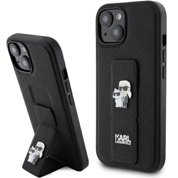 Karl Lagerfeld Gripstand Saffiano Karl&amp;amp;Choupette Pins case for iPhone 15 - black