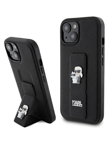 Karl Lagerfeld Gripstand Saffiano Karl&amp;amp;Choupette Pins case for iPhone 15 - black