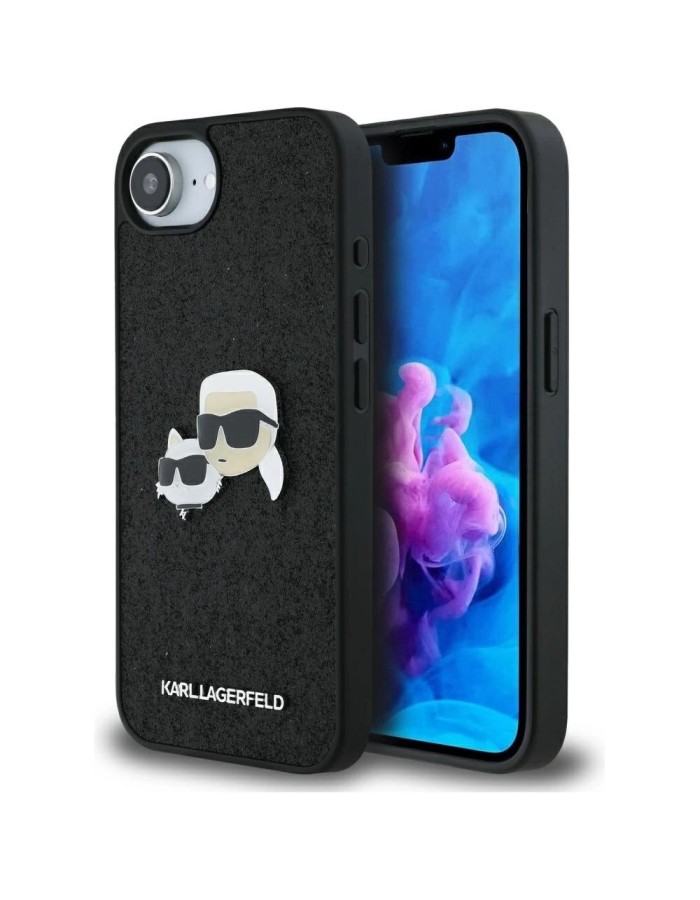 Karl Lagerfeld Fixed Glitter Karl&amp;amp;Choupette Heads Metal Pin iPhone 16e Case - Black