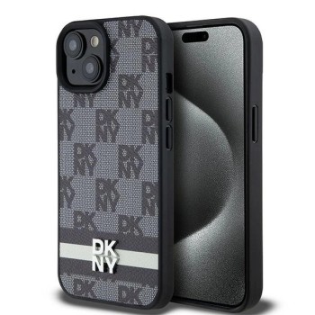 DKNY Leather Checkered Mono Pattern &amp;amp; Printed Stripes Case for iPhone 15/14/13 - Black