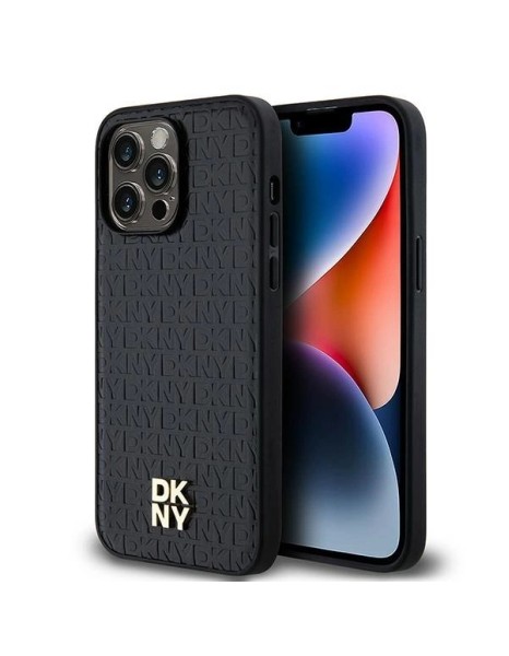 DKNY Leather Pattern Metal Logo MagSafe case for iPhone 14 Pro - black