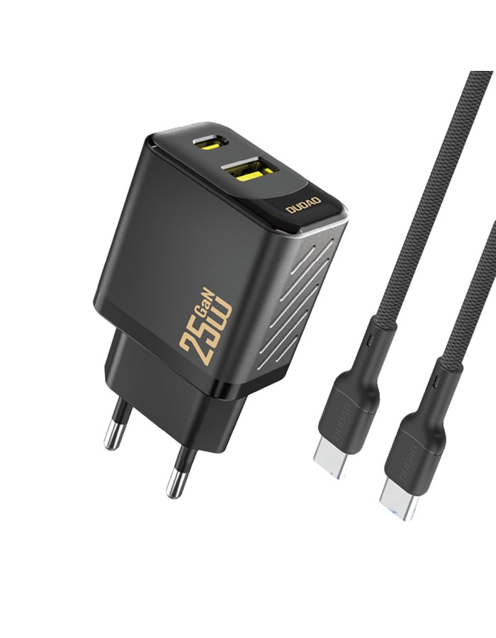 Dudao A26TCEU PD QC 25W GaN USB-A USB-C Wall Charger with USB-C Cable - Black Dudao A26TCEU PD QC 25W GaN USB-A USB-C Wall Charger with USB-C Cable - Black