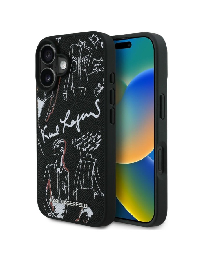 Karl Lagerfeld Grained Pattern & Logo MagSafe Case for iPhone 16 - Black Karl Lagerfeld Grained Pattern & Logo MagSafe Case for iPhone 16 - Black