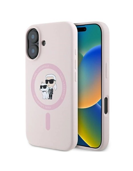 Karl Lagerfeld Silicone Karl&amp;amp;Choupette Heads Ring MagSafe iPhone 16 Case - Pink