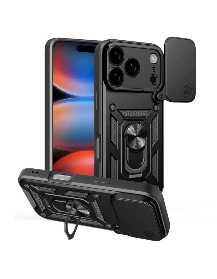 Hybrid Armor Camshield Case for iPhone 17 Pro Max with Stand and Camera Cover - Black