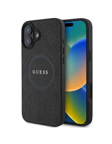 Guess Saffiano Peony Classic Logo MagSafe case for iPhone 16 - black Guess Saffiano Peony Classic Logo MagSafe case for iPhone 16 - black