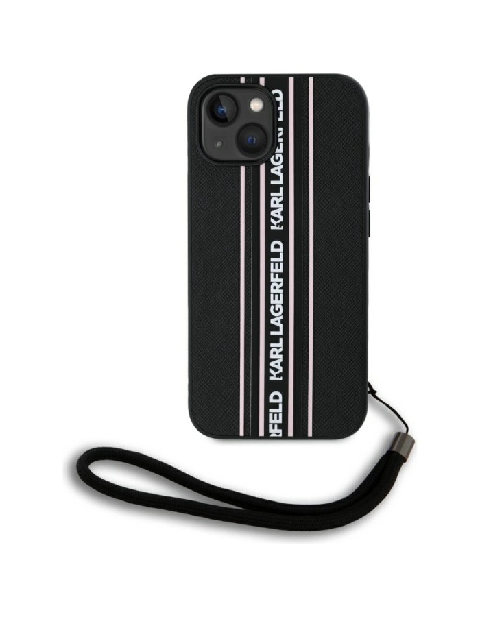 Karl Lagerfeld Saffiano Athleisure Stripes Cord iPhone 15 Case - Pink
