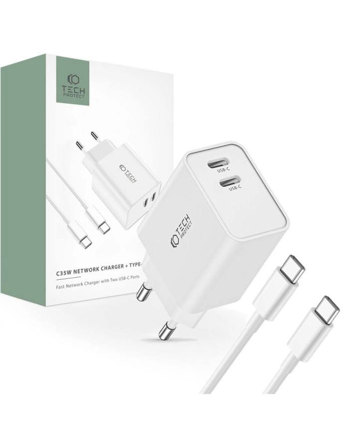 Tech-Protect C35W 2x USB-C PD 35W charger with USB-C / USB-C cable - white Tech-Protect C35W 2x USB-C PD 35W charger with USB-C / USB-C cable - white
