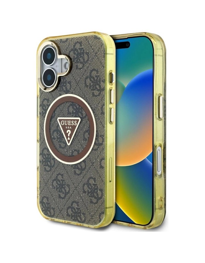 Guess IML Metal Glitter 4G Circle Triangle MagSafe Case for iPhone 16 - Brown