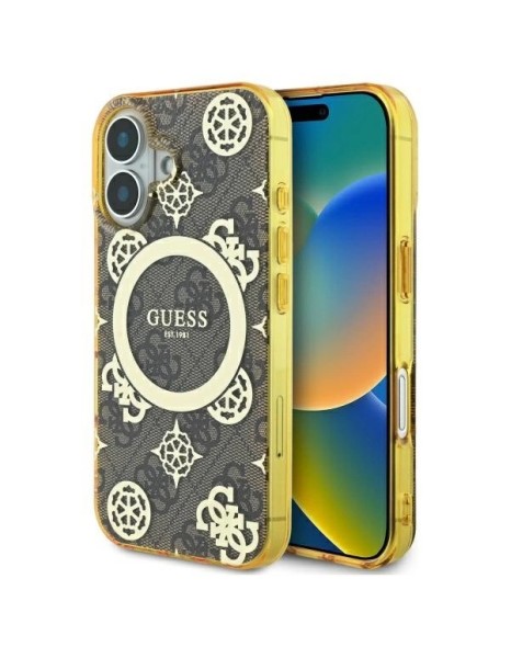 Guess IML Peony On 4G Background MagSafe iPhone 16 Case - Brown Guess IML Peony On 4G Background MagSafe iPhone 16 Case - Brown
