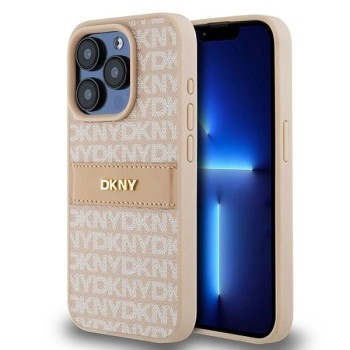 DKNY Leather Mono Stripe &amp;amp; Metal Logo case for iPhone 15 Pro - pink