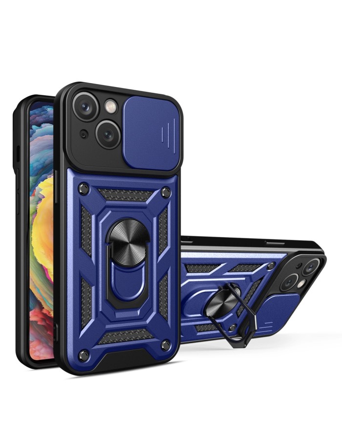 Hybrid Armor Camshield Case with Stand and Camera Cover for iPhone 15 Plus - Blue