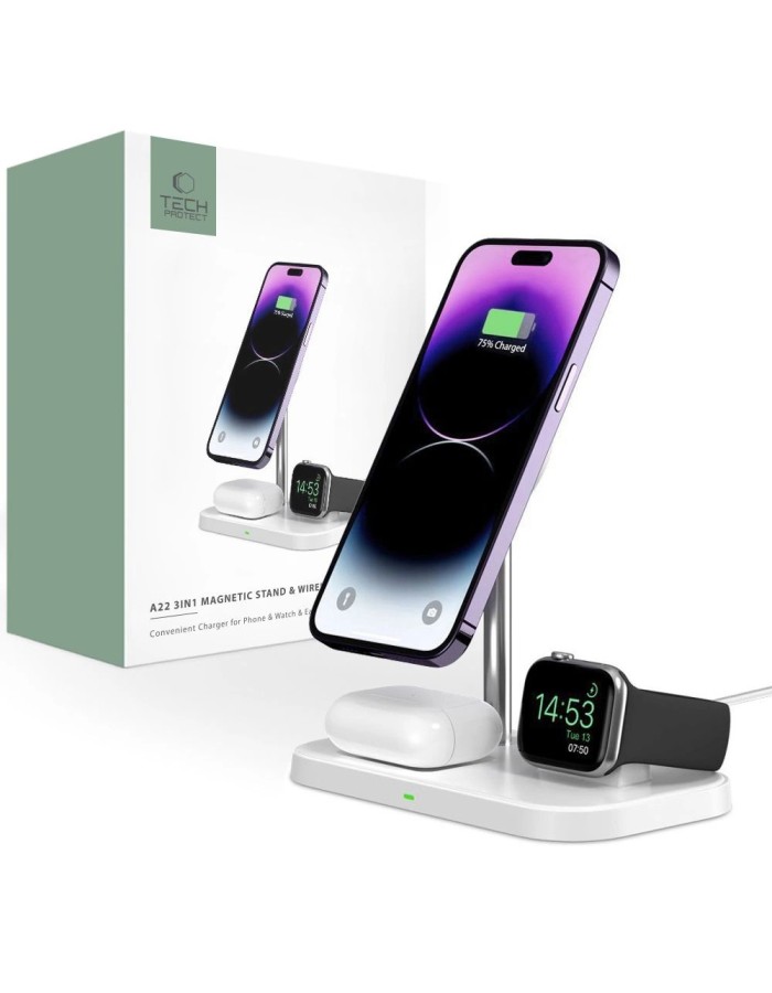 Tech-Protect QI15W-A22 MagSafe inductive charger with 3in1 MagSafe stand for smartphone / Apple Watch / AirPods - white