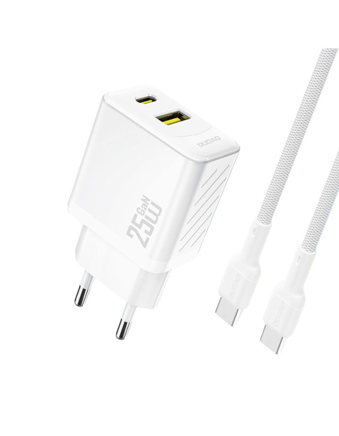 Dudao A26TCEU PD QC 25W GaN USB-A USB-C Wall Charger with USB-C Cable - White Dudao A26TCEU PD QC 25W GaN USB-A USB-C Wall Charger with USB-C Cable - White