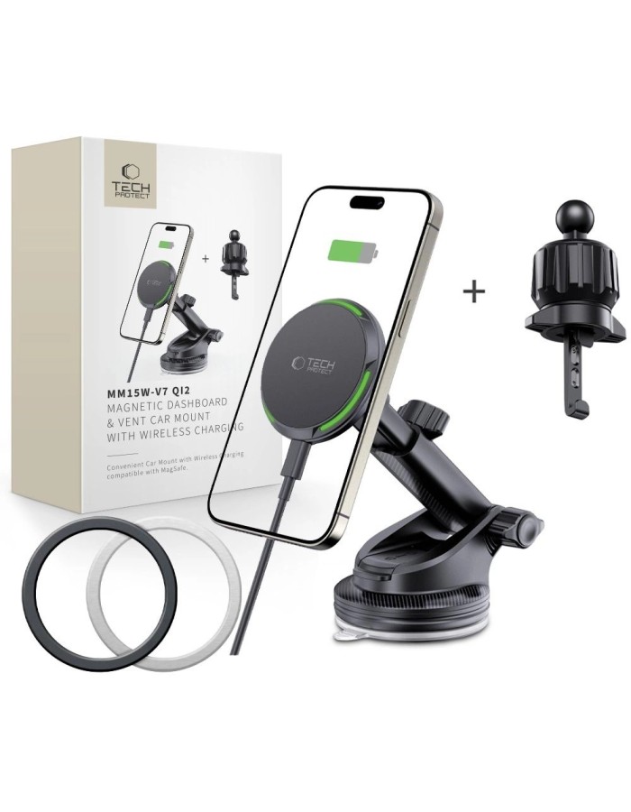 Tech-Protect MM15W-V7 QI2 Car Holder with Inductive Charger - Black Tech-Protect MM15W-V7 QI2 Car Holder with Inductive Charger - Black