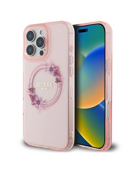 Guess IML Flowers Wreath MagSafe iPhone 16 Pro Max Case - Pink