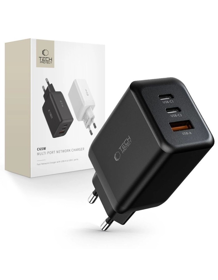 Tech-Protect C65W charger 2x USB-C PD 65W / USB-A QC 3.0 - black Tech-Protect C65W charger 2x USB-C PD 65W / USB-A QC 3.0 - black