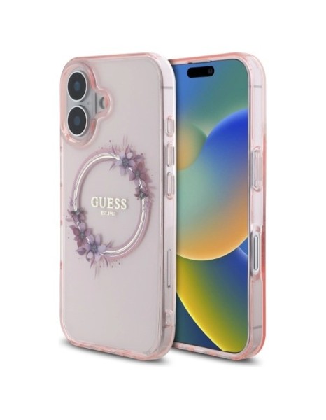Guess IML Flowers Wreath MagSafe iPhone 16 Case - Pink