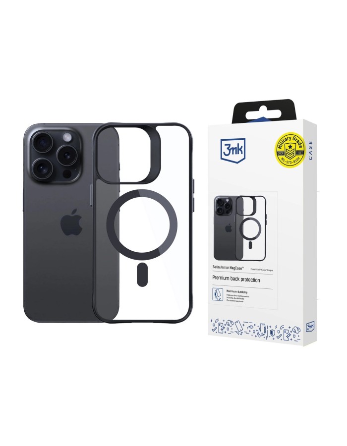 3mk Satin Armor MagCase with MagSafe for iPhone 15 Pro Max - Clear with Black Frame