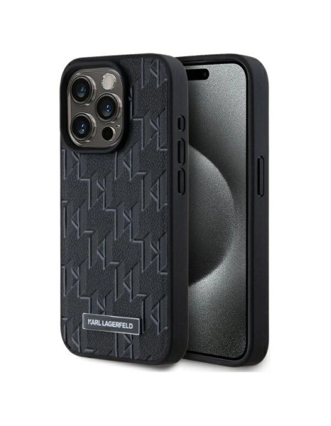 Karl Lagerfeld Leather Monogram Metal Logo MagSafe iPhone 15 Pro Case - Black