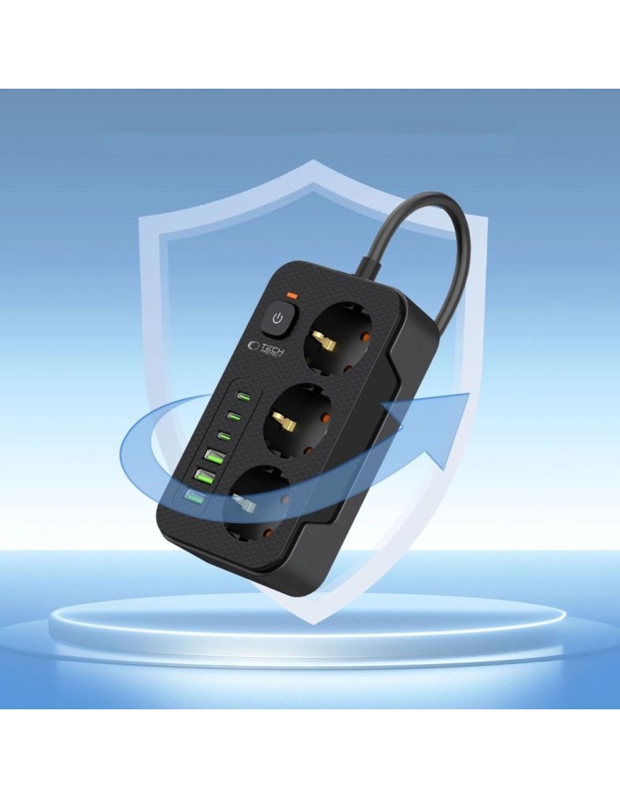 Tech-Protect PC3X6 Power Strip 3 Sockets 240V + 3xUSB-A + 3xUSB-C 200cm - Black Tech-Protect PC3X6 Power Strip 3 Sockets 240V + 3xUSB-A + 3xUSB-C 200cm - Black