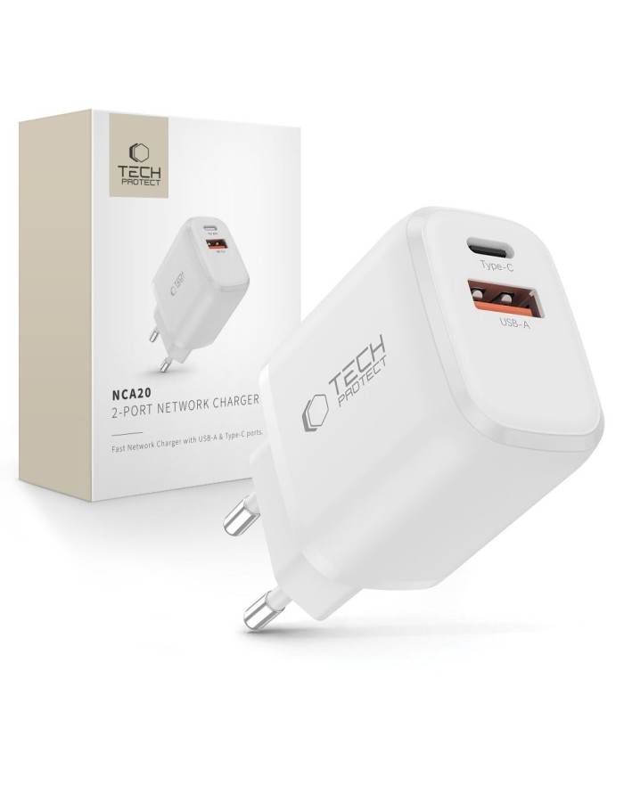 Tech-Protect NCA20 PD 20W QC3.0 USB-A / USB-C Wall Charger - White