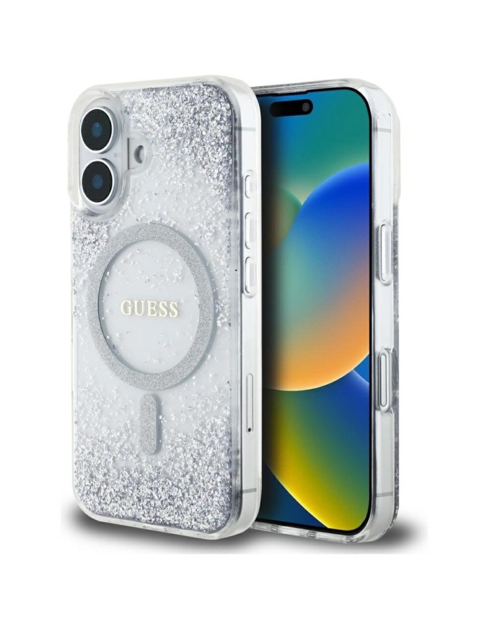 Guess HC Resin Bottom Glitter MagSafe case for iPhone 16 - silver Guess HC Resin Bottom Glitter MagSafe case for iPhone 16 - silver