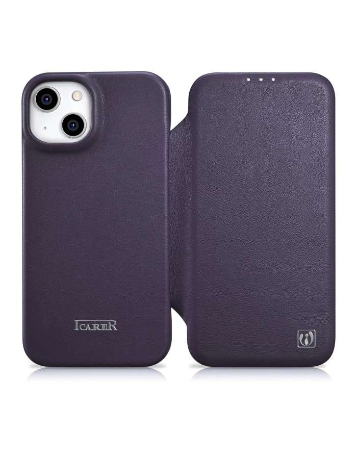 iCarer CE Premium Leather Folio Case iPhone 14 Plus Magnetic Flip Leather Folio Case MagSafe Dark Purple (WMI14220715-DP)