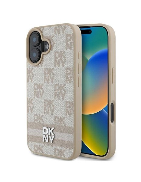 DKNY Checkered Pattern &amp;amp; Printed Stripes iPhone 16 Case - Pink