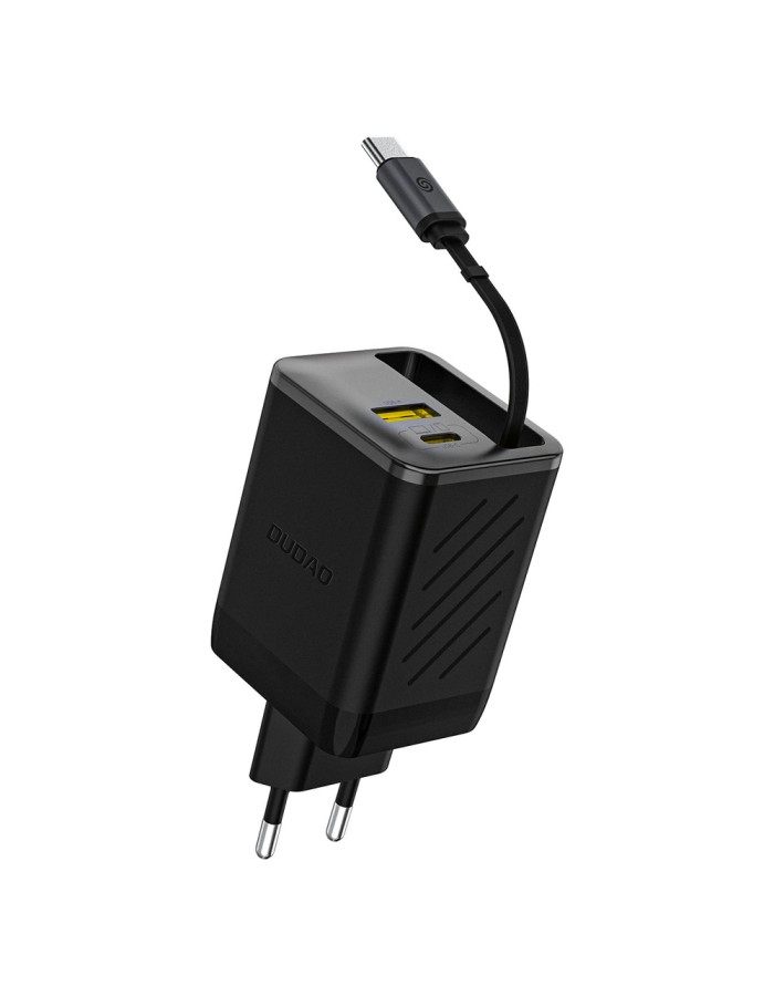 Dudao A67EU GaN 67W Wall Charger with Built-in Retractable USB-C Power Delivery Quick Charge Cable - Black