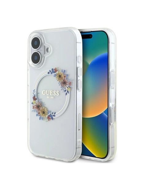 Guess IML Flowers Wreath MagSafe iPhone 16 Plus Case - Clear Guess IML Flowers Wreath MagSafe iPhone 16 Plus Case - Clear