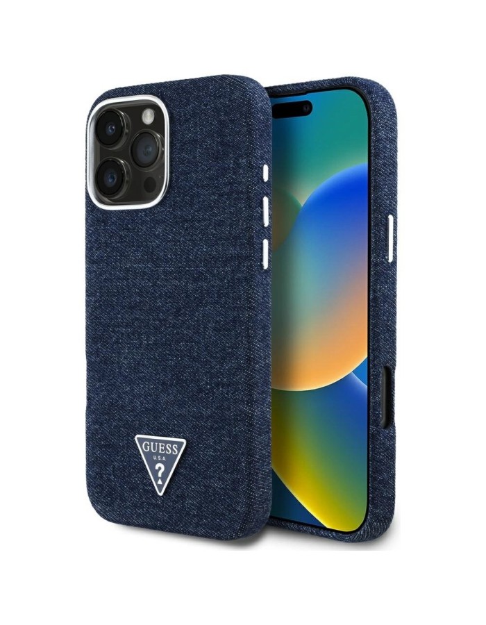 Guess Denim Triangle Logo MagSafe iPhone 16 Pro Case - Blue Guess Denim Triangle Logo MagSafe iPhone 16 Pro Case - Blue