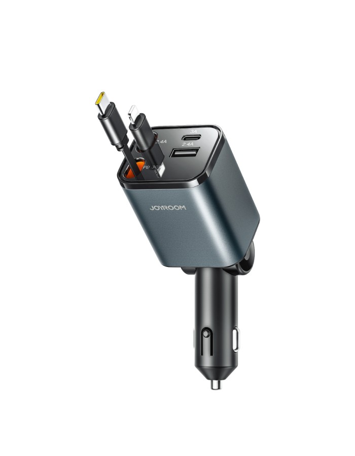 Joyroom JR-CCL05 30W 4-in-1 Car Charger with 2 Built-in Retractable Cables - Dark Gray