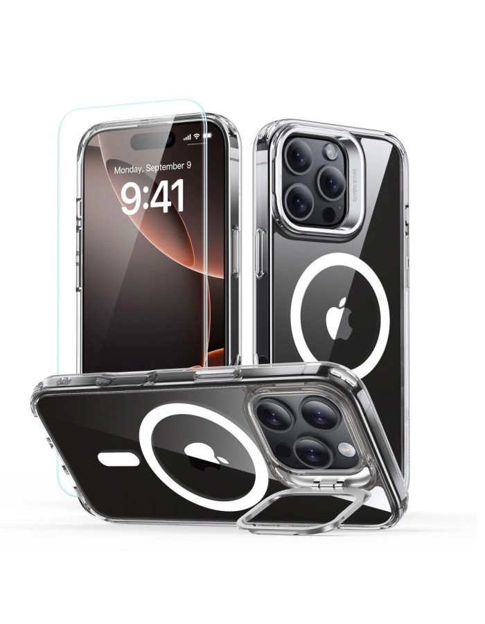 ESR Classic Hybrid Kickstand Halolock MagSafe Case Set with Stand + Tempered Glass for iPhone 16 Pro - Clear