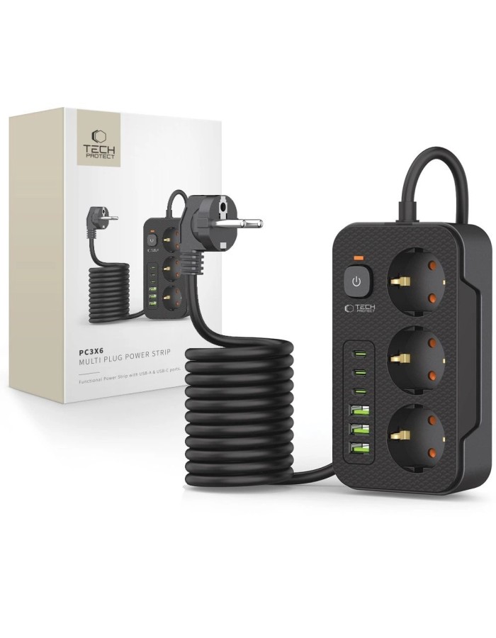 Tech-Protect PC3X6 Power Strip 3 Sockets 240V + 3xUSB-A + 3xUSB-C 200cm - Black Tech-Protect PC3X6 Power Strip 3 Sockets 240V + 3xUSB-A + 3xUSB-C 200cm - Black