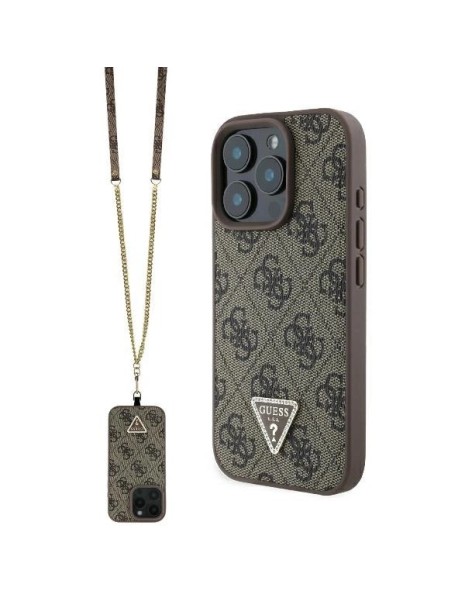 Guess Leather Metal Logo Strass Crossbody Case for iPhone 16 Pro - Brown Guess Leather Metal Logo Strass Crossbody Case for iPhone 16 Pro - Brown