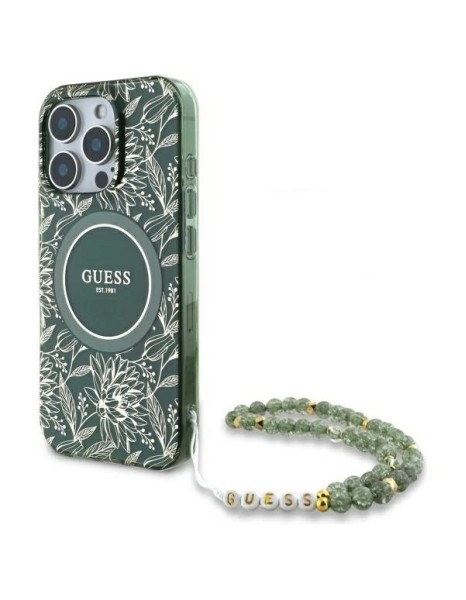 Guess IML Flowers Allover Electro With Pearl Strap MagSafe case for iPhone 16 Pro Max - green Guess IML Flowers Allover Electro With Pearl Strap MagSafe case for iPhone 16 Pro Max - green