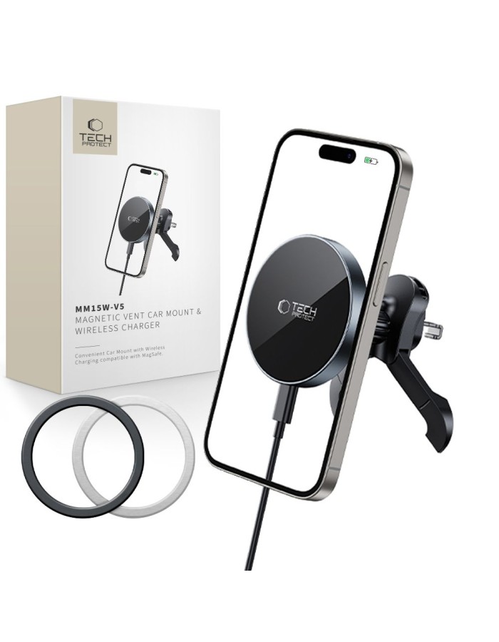 Tech-Protect mm15W-V5 Magnetic MagSafe Car Air Vent Mount - Black Tech-Protect mm15W-V5 Magnetic MagSafe Car Air Vent Mount - Black