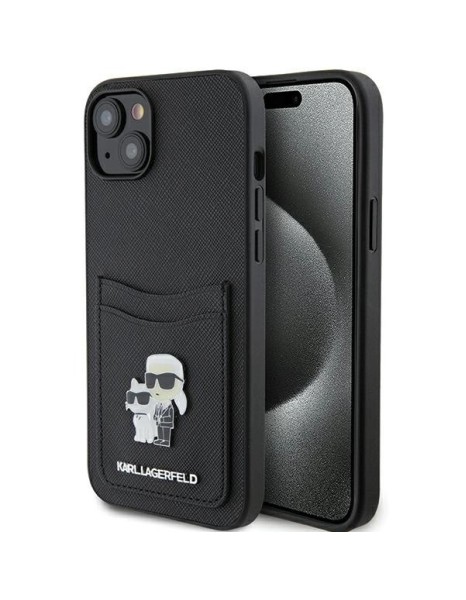 Karl Lagerfeld Saffiano Cardslot Karl&amp;amp;Choupette Metal Pin case for iPhone 15 - black