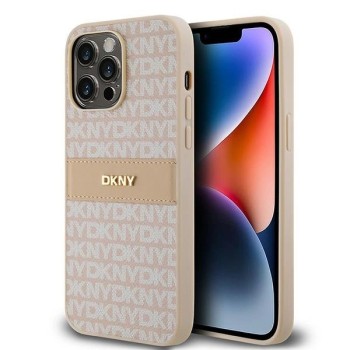 DKNY Leather Mono Stripe &amp;amp; Metal Logo case for iPhone 14 Pro - pink