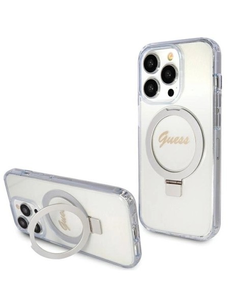Guess Ring Stand Script Glitter MagSafe case for iPhone 15 Pro - transparent