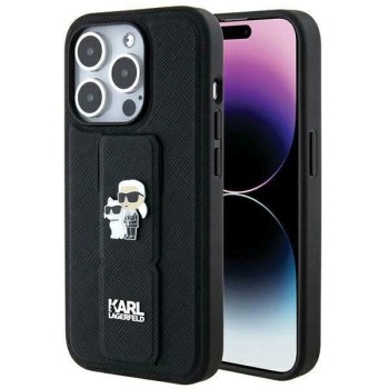 Karl Lagerfeld Gripstand Saffiano Karl&amp;amp;Choupette Pins case for iPhone 14 Pro - black