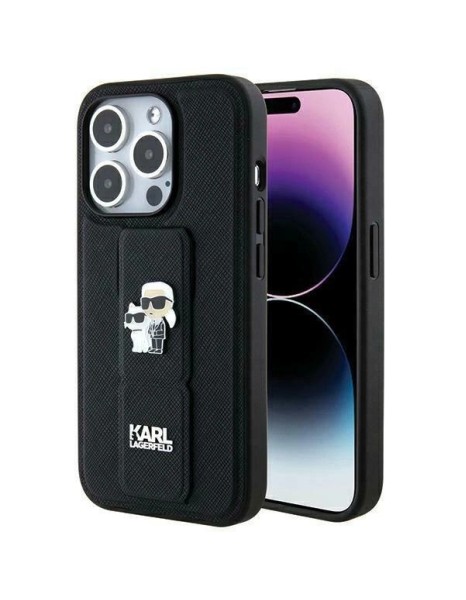 Karl Lagerfeld Gripstand Saffiano Karl&amp;amp;Choupette Pins case for iPhone 14 Pro - black