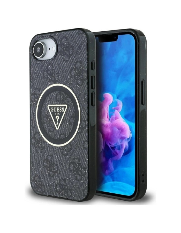 Guess IML Metal Glitter 4G Circle Triangle MagSafe Case for iPhone 16e - Black