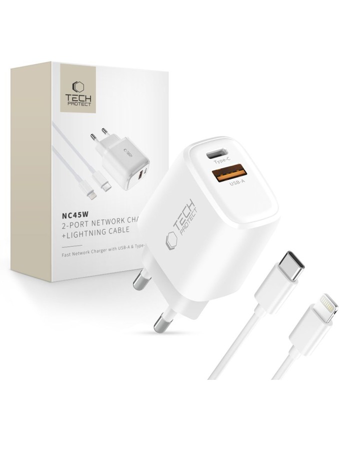 Tech-Protect NCA45W-GAN 2-Port 45W Wall Charger - White Tech-Protect NCA45W-GAN 2-Port 45W Wall Charger - White