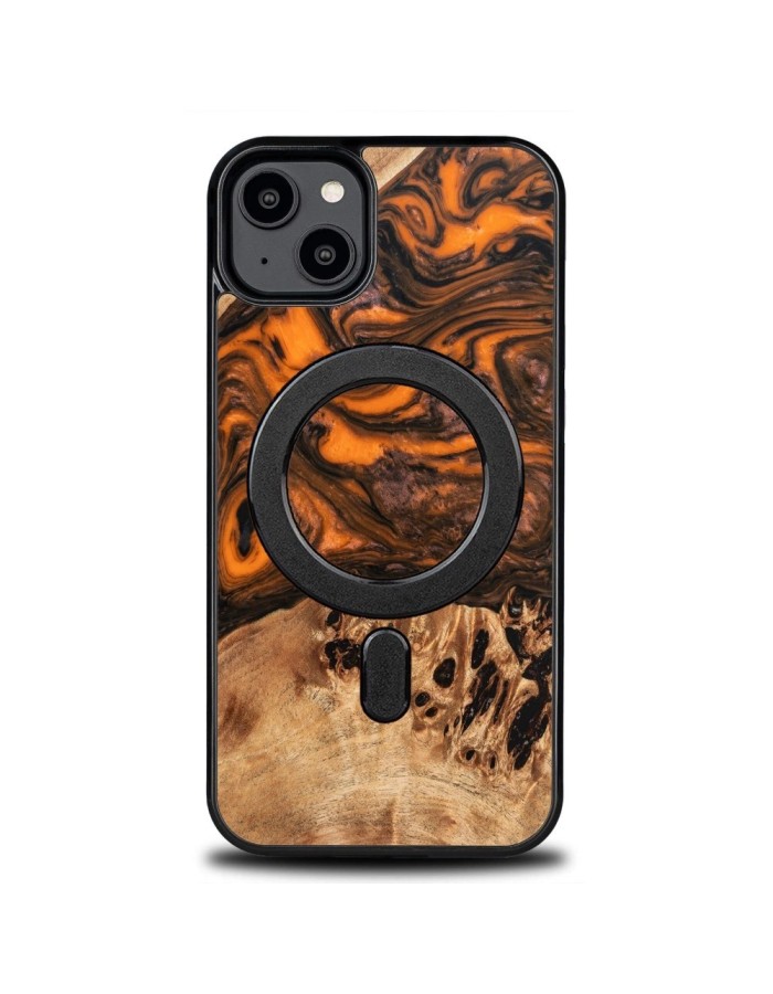 Wood and resin case for iPhone 15 Plus MagSafe Bewood Unique Orange - orange and black