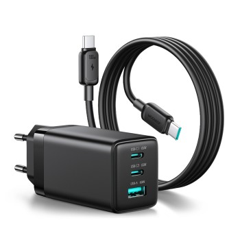 Joyroom JR-TG10 65W GaN 2x USB-C + USB-A wall charger with 100W USB-C - USB-C 1.2m cable - black Joyroom JR-TG10 65W GaN 2x USB-C + USB-A wall charger with 100W USB-C - USB-C 1.2m cable - black
