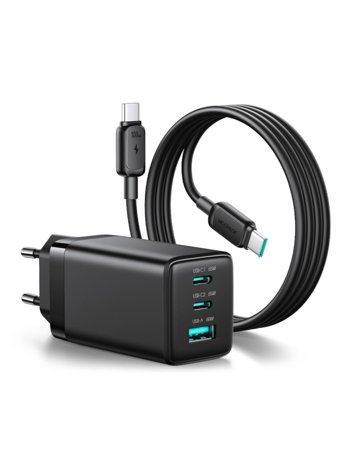 Joyroom JR-TG10 65W GaN 2x USB-C + USB-A wall charger with 100W USB-C - USB-C 1.2m cable - black