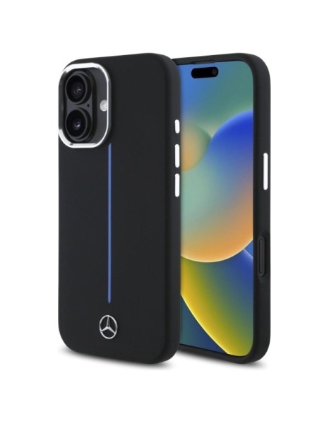 Mercedes Silicone Blue Stripe MagSafe iPhone 16 Case - Black